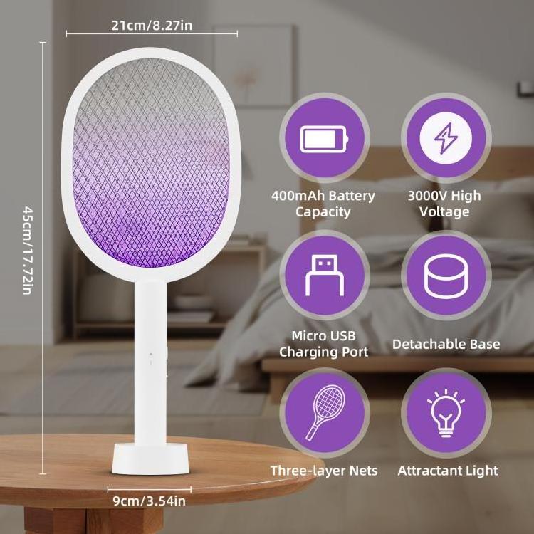 Electric Fly Swatter 3000V Smart Bug Zapper Racket with Base 3-Layer Safety Mesh Dual Modes Mosquito Killer with Purple Light Re