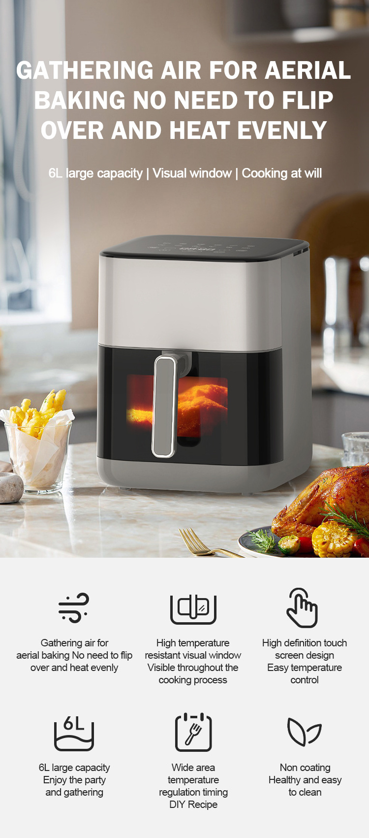 Double Heating Element 6L Large Capacity Multi Functional Digital Air Fryer