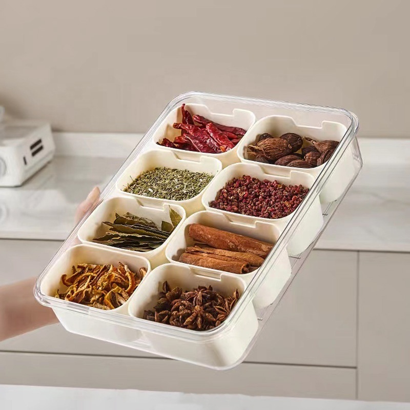 Hot selling seasoning storage box, food grade organizer kitchen stackable 8 grid detachable plastic packaging box