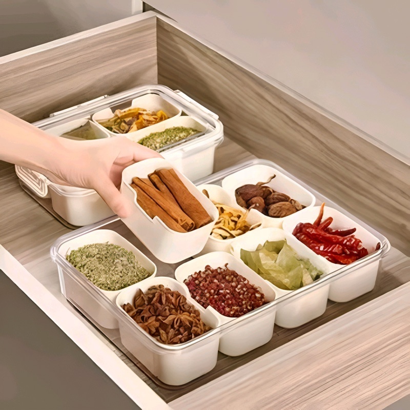 Hot selling seasoning storage box, food grade organizer kitchen stackable 8 grid detachable plastic packaging box