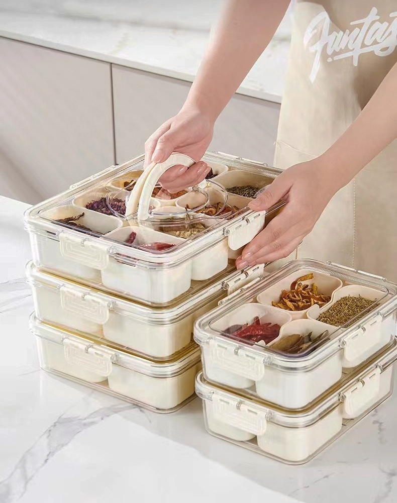 Hot selling seasoning storage box, food grade organizer kitchen stackable 8 grid detachable plastic packaging box