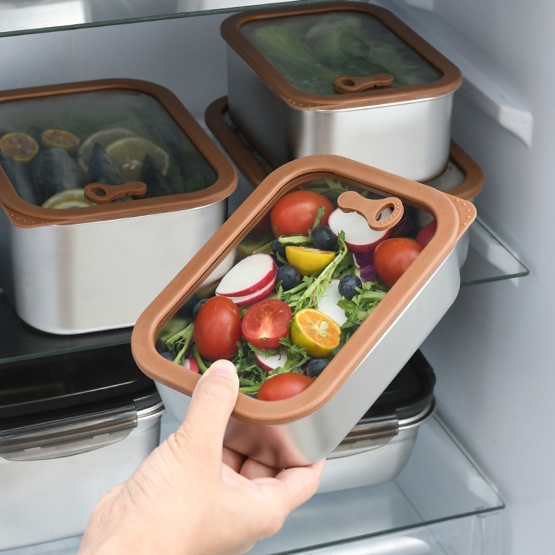 Customization Silicone Sealed Crisper 304 Stainless Steel Food Container with Glass Lid Visible Storage Lunch Box Container