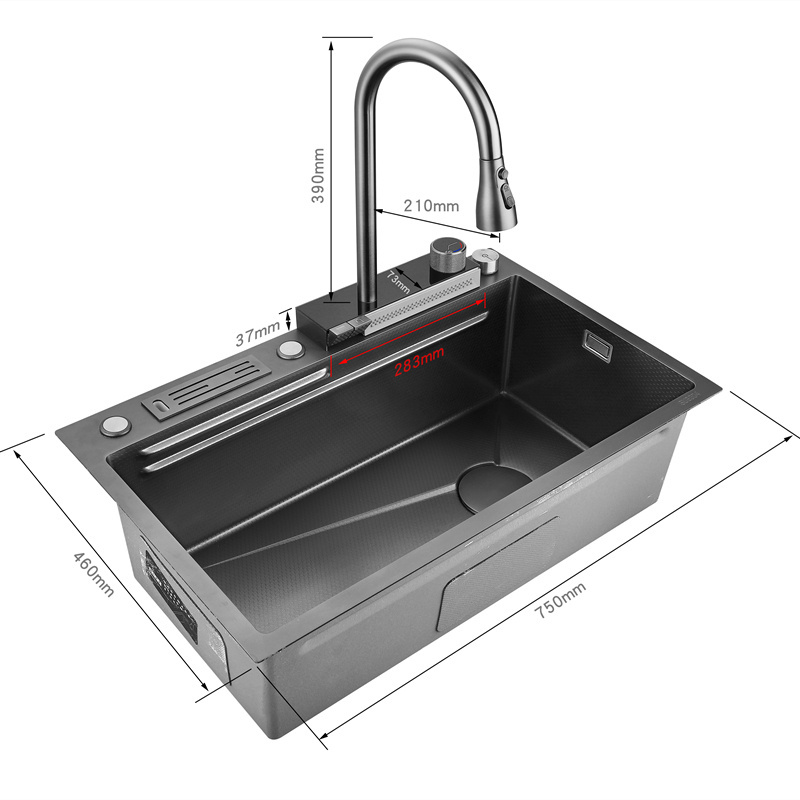 Multi-functional smart stainless steel waterfall kitchen sink with atmosphere light