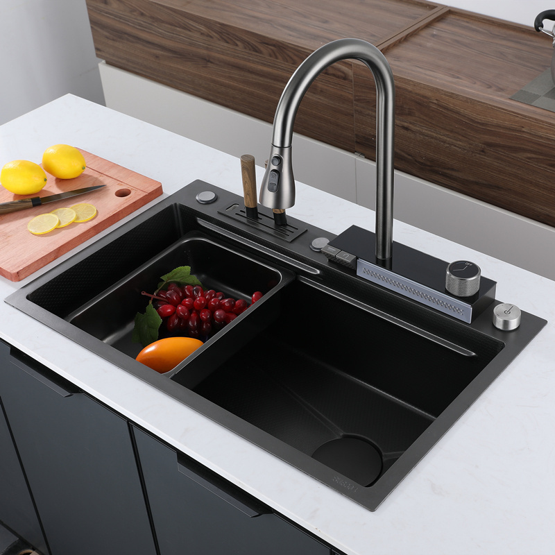 Black color elegant multi functional ambient light 304 stainless steel digital display waterfall smart kitchen sink for home