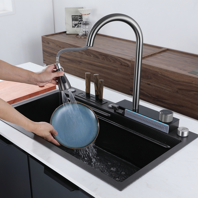 Multi-functional smart stainless steel waterfall kitchen sink with atmosphere light