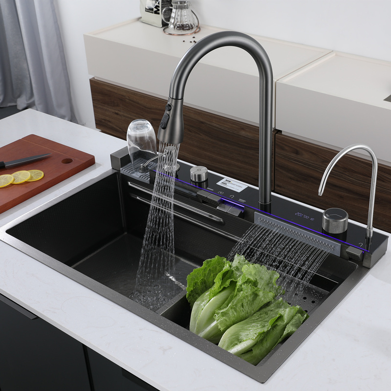 Multifunction modern black flying rain atmosphere light smart stainless steel digital waterfall kitchen sink