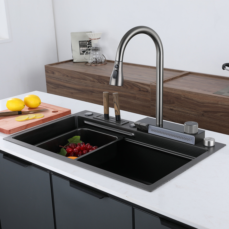 Black color elegant multi functional ambient light 304 stainless steel digital display waterfall smart kitchen sink for home