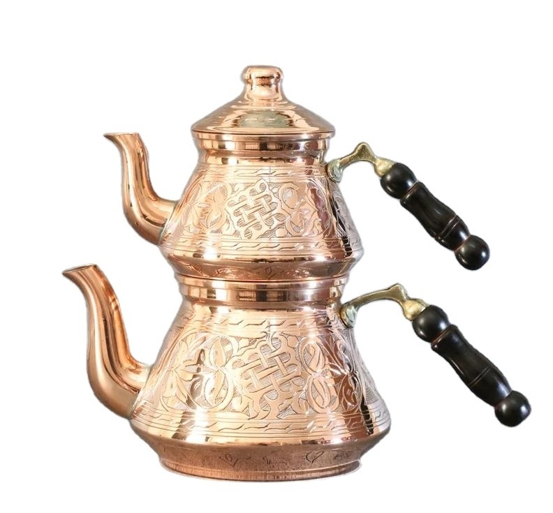 New modern rose gold copper tea kettle wood brass handle teapot for hotel restaurant home kitchenware coffee pot made in India