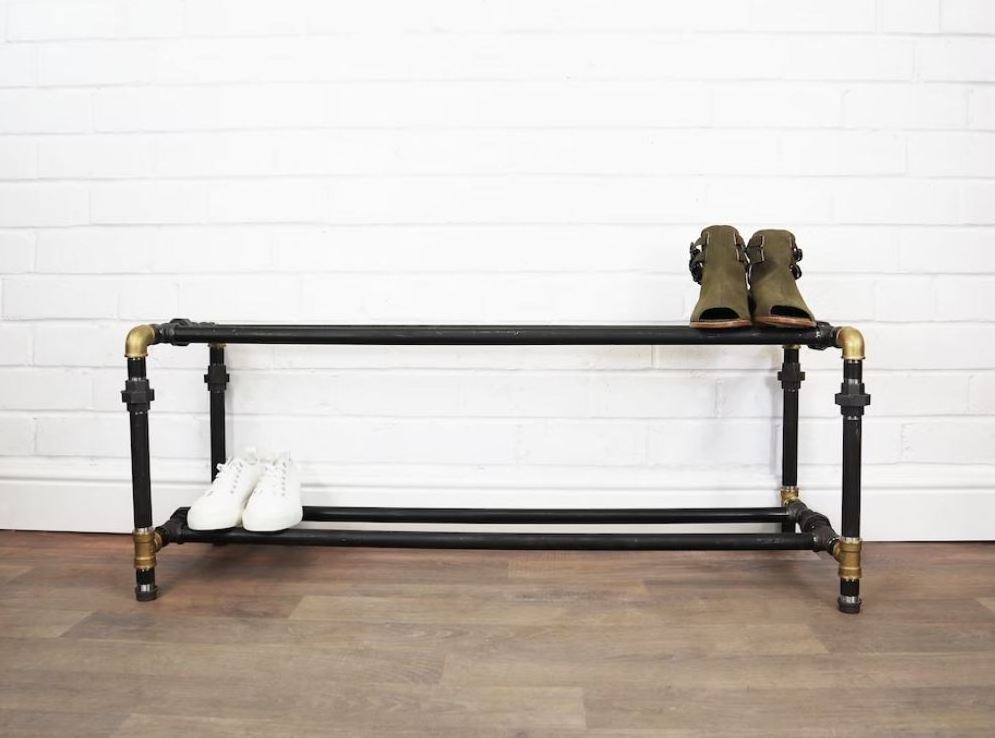 Industrial Two Tiered Shoe Rack Storage Made With Raw Steel & Brass Pipe Fittings Wooden new design shoe storage rack for home