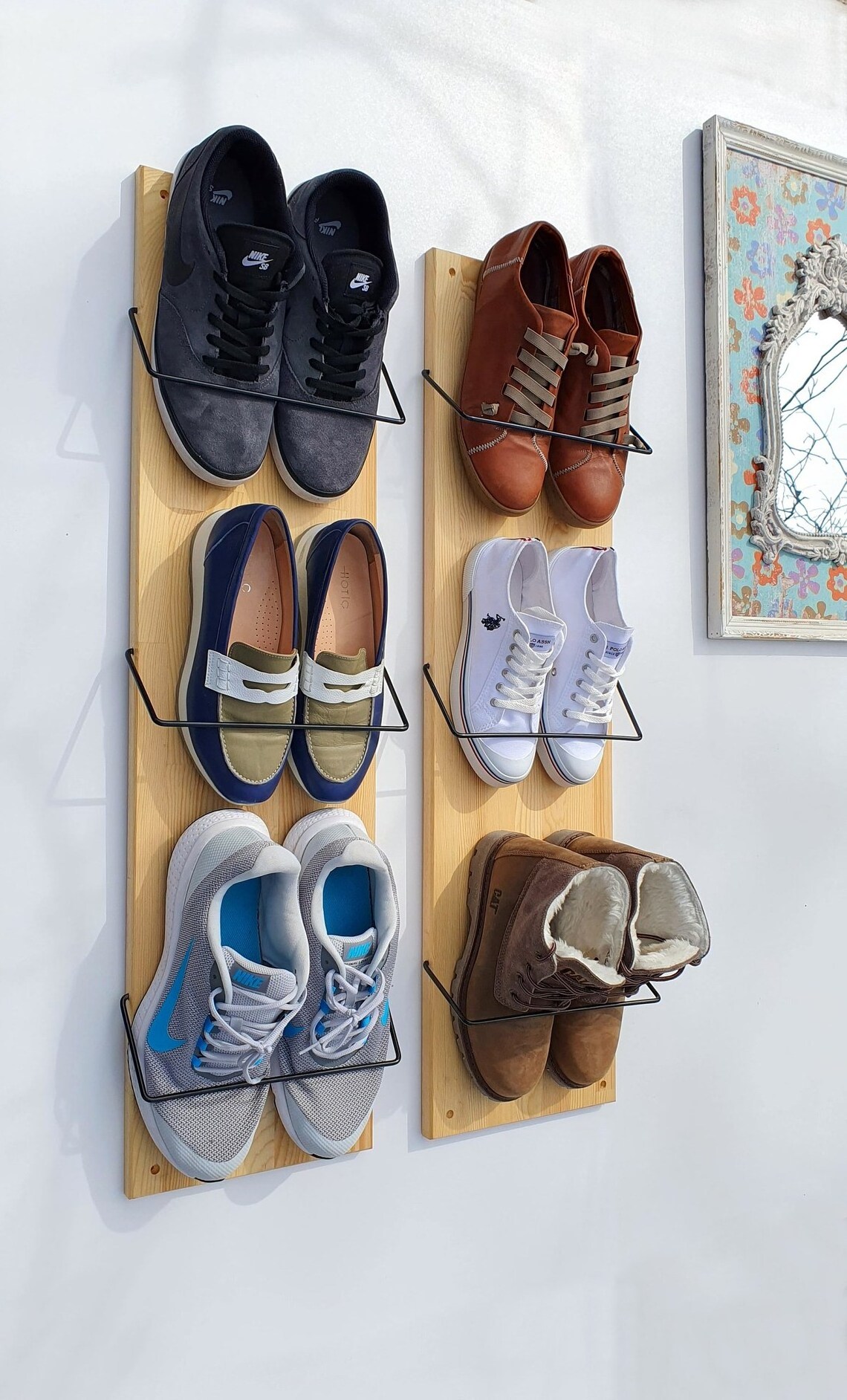 Hallway metal wall mounted shoe rack Industrial wood schuhregal Entryway shoe storage Luxury bamboo shoe storage rack selling