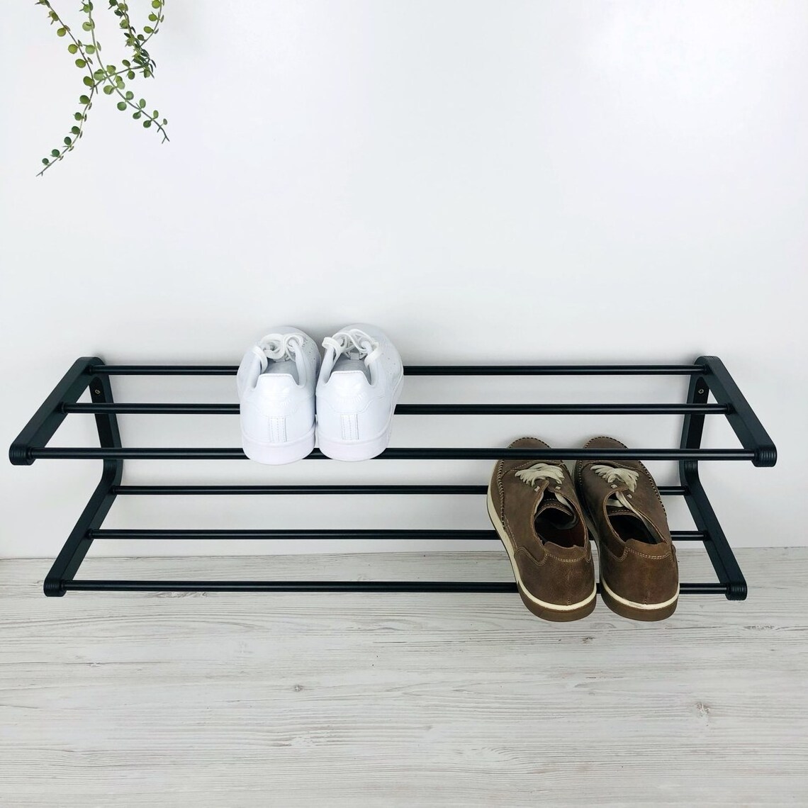 Black Shoe Rack for Wall  Double Shoe Shelf for Entryway Wood and Metal Tiered Shoe Rack for Shelf for Entryway Organizer