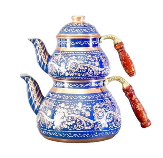 Blue wood brass handle  tea kettle copper teapot for hotel restaurant home kitchenware coffee pot made in India 2023 wholesale