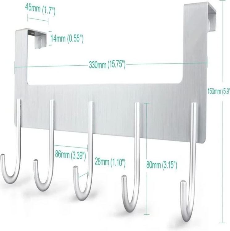 Aluminum silver coat door hook rack for household behind door clothing hooks kitchen wardrobe bathroom door hanging accessories