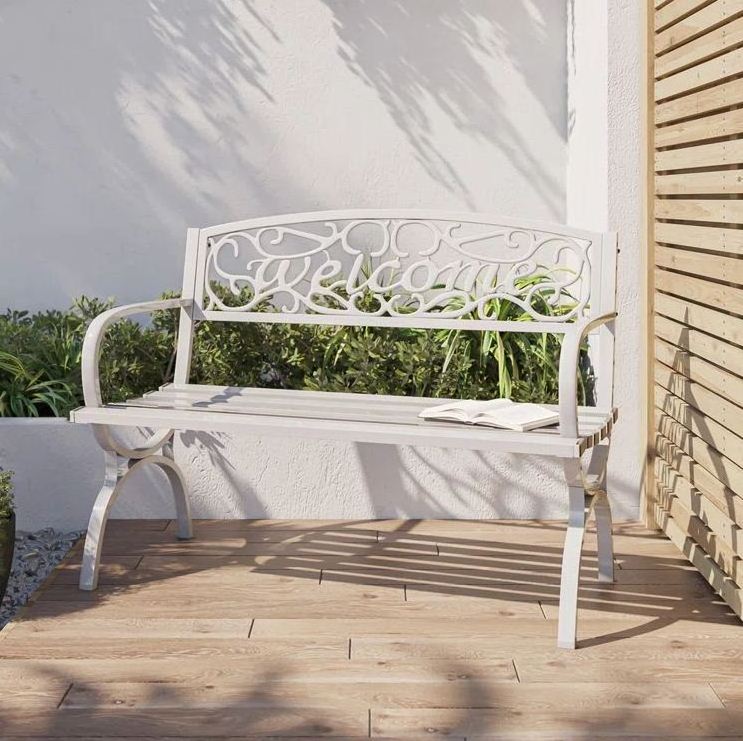 Welcome outdoor bench white metal for home outdoor furniture sitting chair general place patio garden park made in india 2023