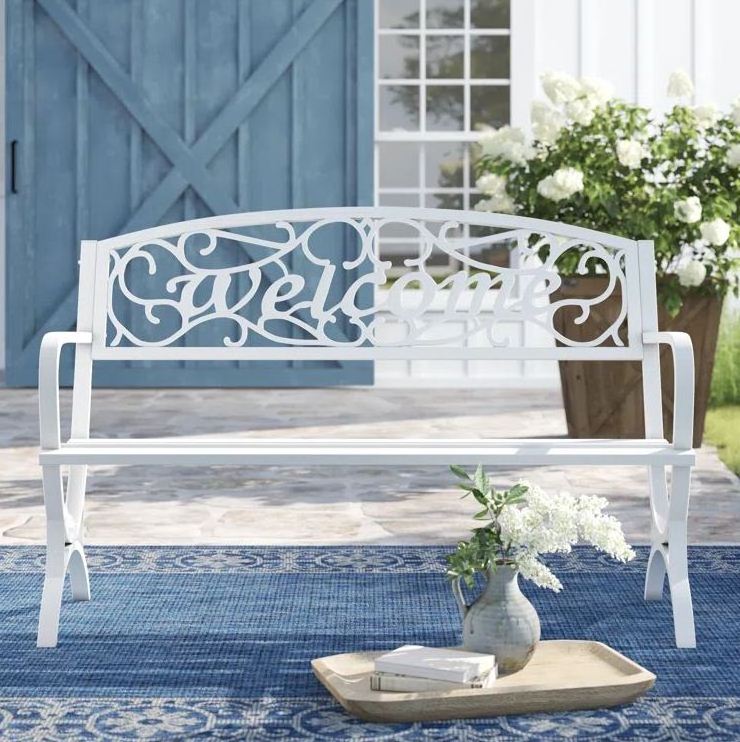 Welcome outdoor bench white metal for home outdoor furniture sitting chair general place patio garden park made in india 2023