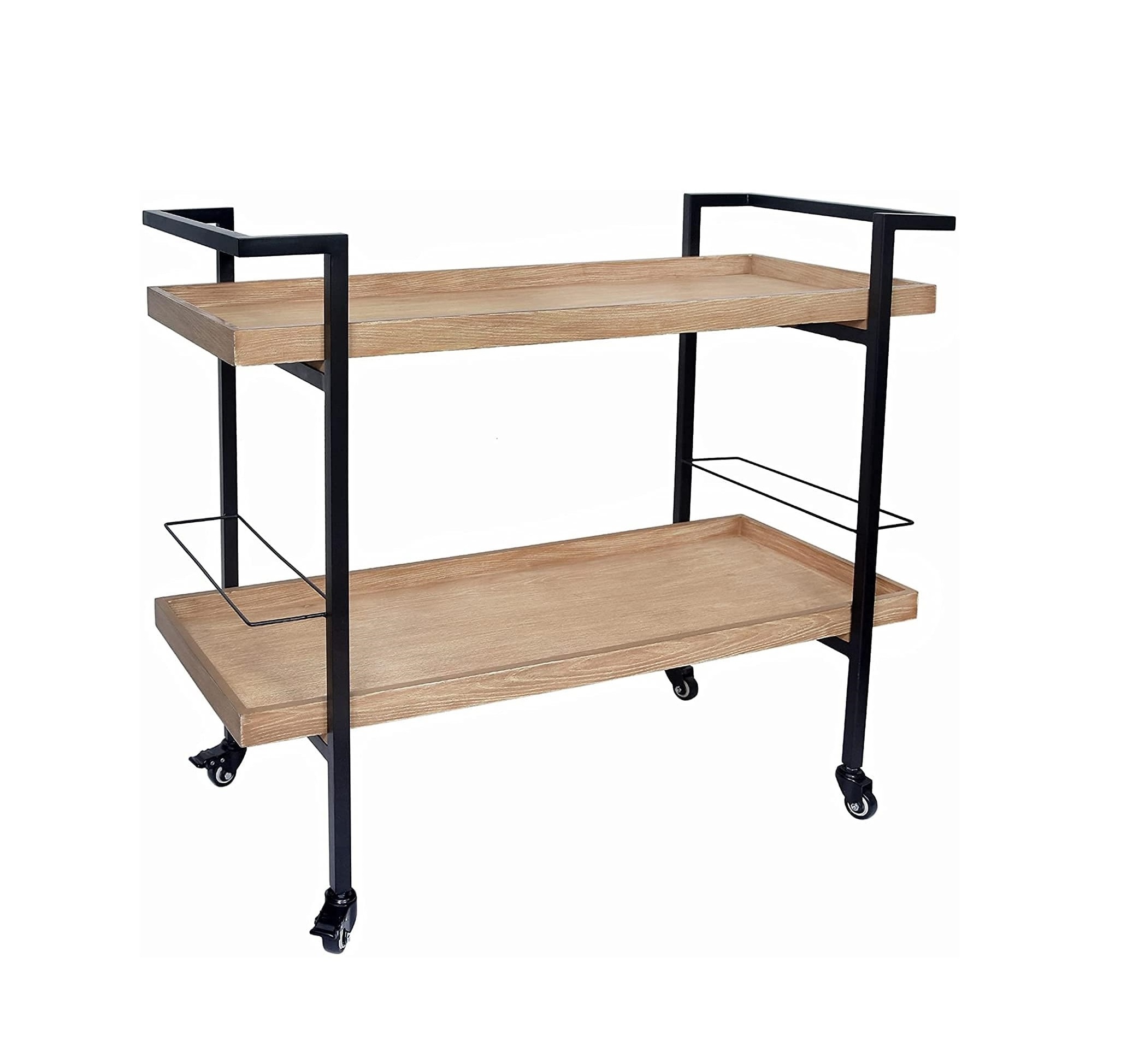 Black metal and wood trolley bar cart for home catering hotel restaurant kitchen food serving trolley wine & glasses holders