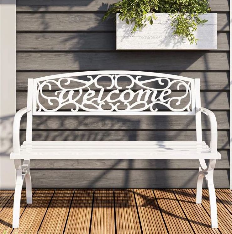 Welcome outdoor bench white metal for home outdoor furniture sitting chair general place patio garden park made in india 2023