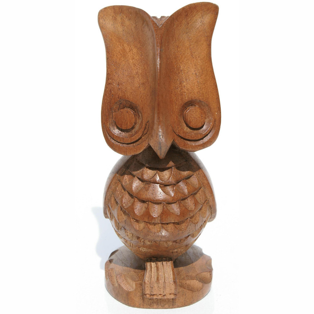 Wood Owl Figurine Natural Wooden Sculpture Collectible Arts and Crafts Home Decoration Statue Carved Animal Bird Gift Woodcraft