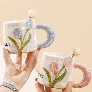 Women Cute 380ml Tulip Ceramic Mug Hand Gift Cute Couple Coffee 3d Flower Ceramic Cup Teacher's Day Birthday Gift Cups