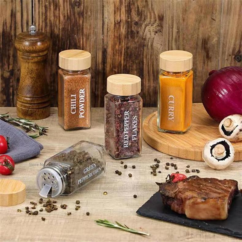 Glass Spice Jars With Bamboo Lid Salt Pepper Shakers Spice Organizer Kitchen Seasoning Containers Spice Jar Set