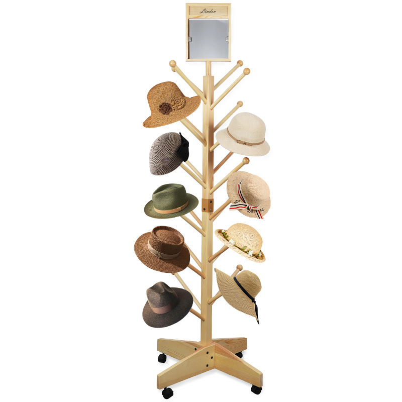 LINDON Freestanding Hat Hanger Organizer Rack Wooden Tree Coat Rack Stand with 24 Hook