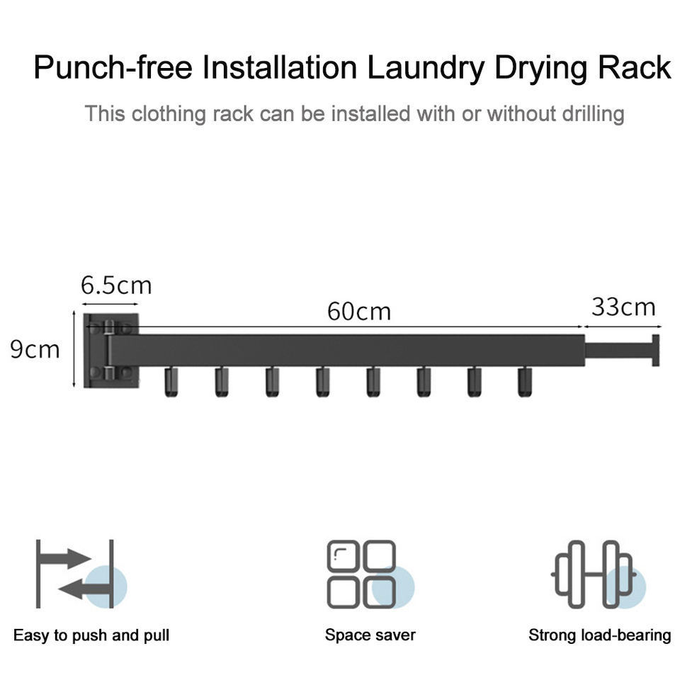 LINDON  Metal Wall Mounted Clothes Drying Rack Folding Towel Racks Laundry Use with Hooks