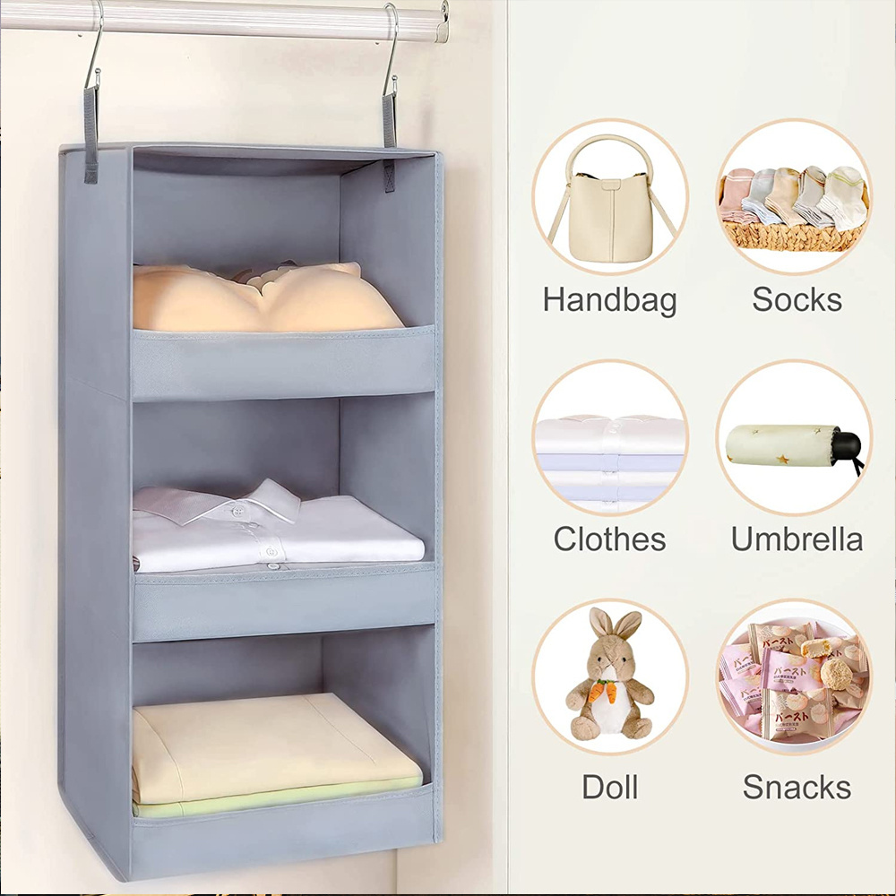 Lindon 3 Tiers Beige,grey,black Cloth Hanging Storage Shelf Foldable Closet Organizer with 2 Metal Hooks