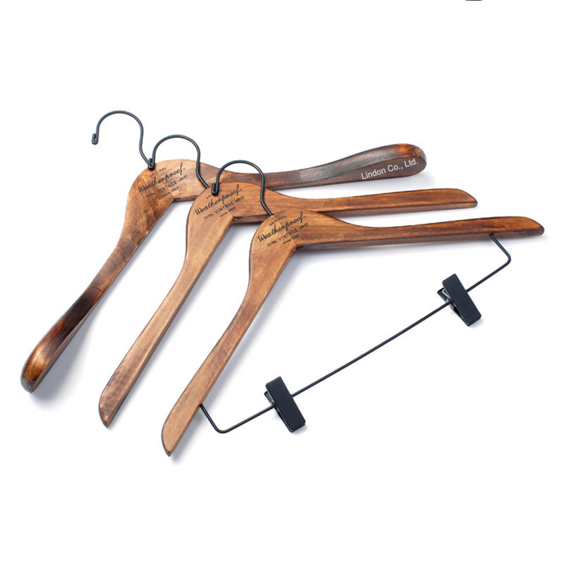 LINDON Custom Set Antique Dark Wooden Suit Clothes Hangers with Matt Black Hook