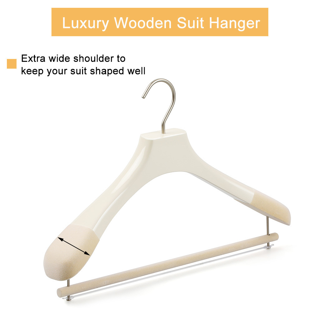 LINDON Luxury Oyster White suit Hanger High Quality Customized Logo Velvet Wooden Coat Hangers with Non Slip Pants Bar