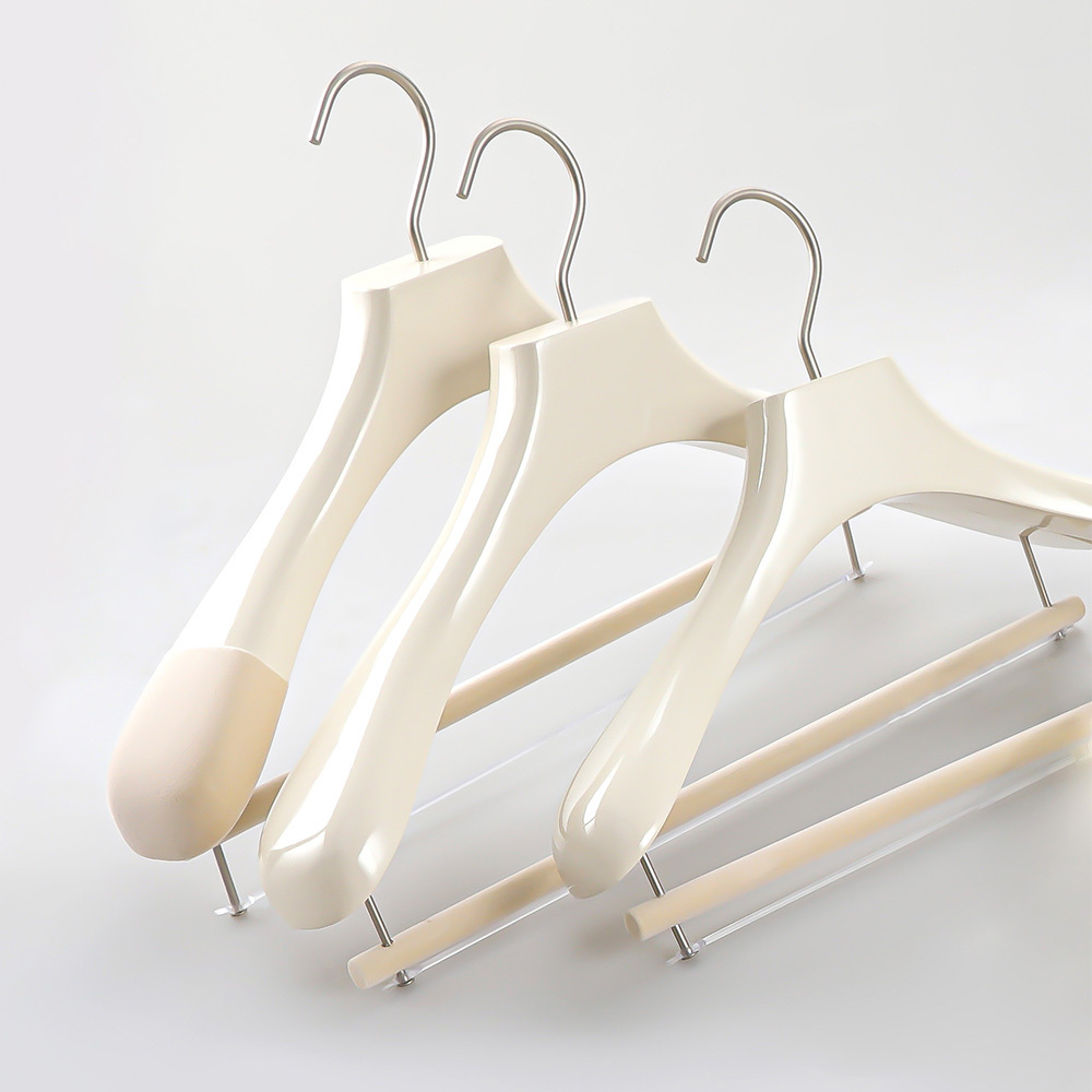 LINDON Luxury Oyster White suit Hanger High Quality Customized Logo Velvet Wooden Coat Hangers with Non Slip Pants Bar