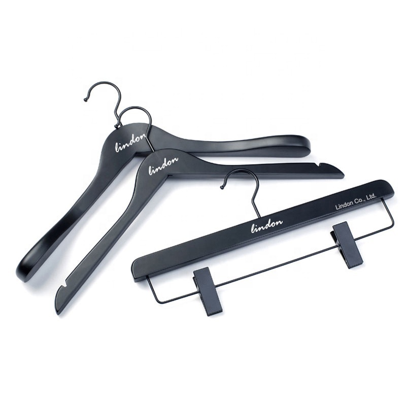 Lindon Clothing Hanger Custom LOGO Matt Black Wooden Brand Coat Suit Hangers for Clothes