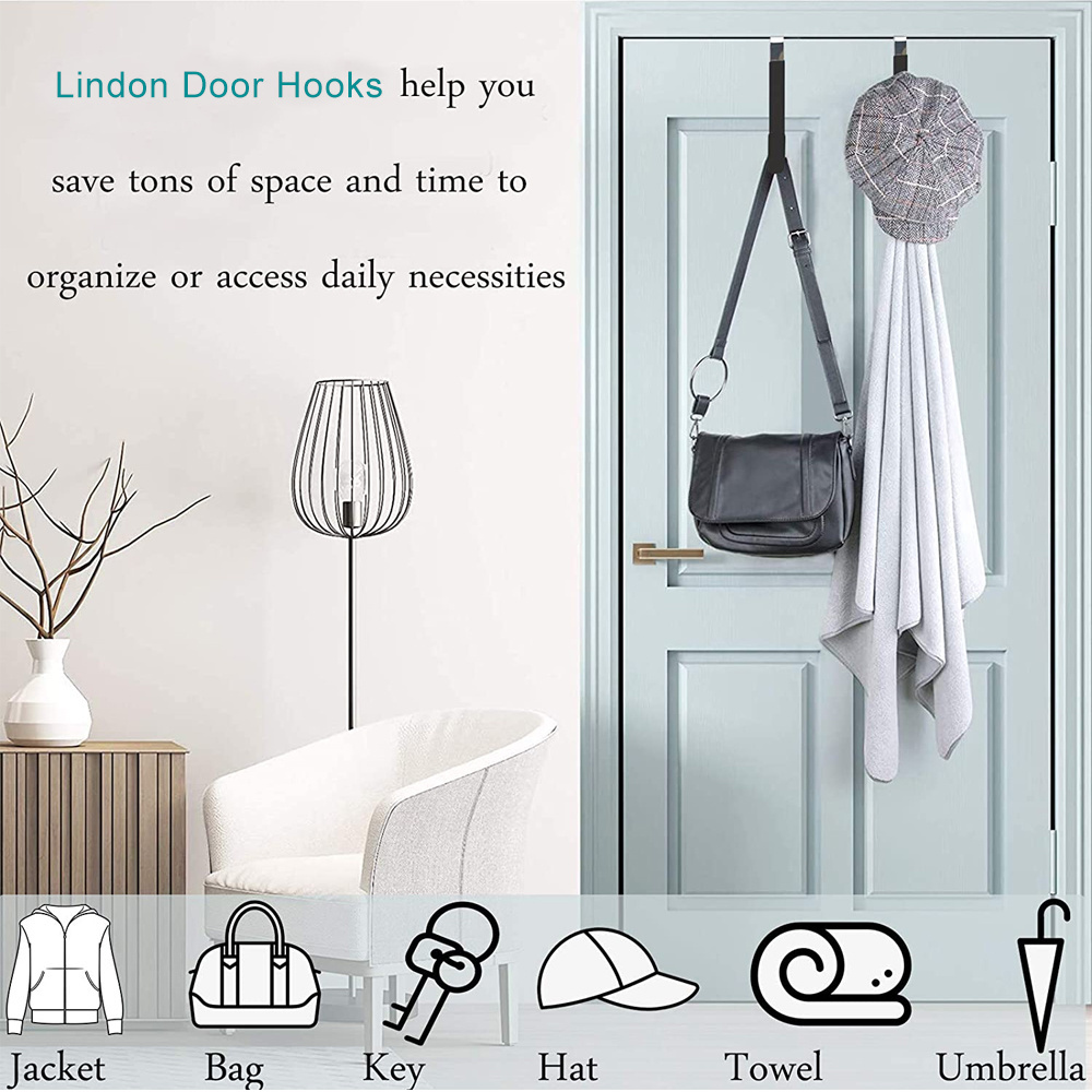 LINDON Metal Door Hanger Single Cloth Wreath Hanger Hook Black Over The Door Hooks for Hanging Towels, Clothes, Coats