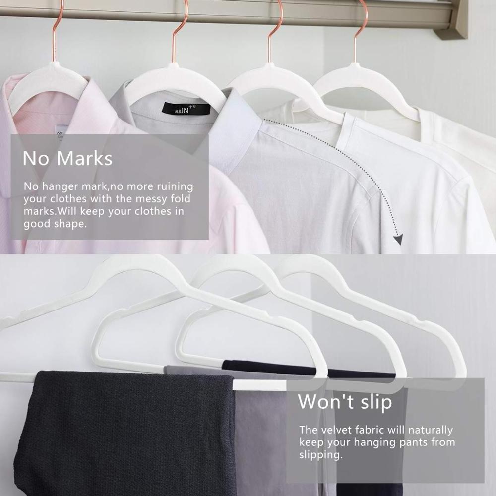 Lindon Velvet Hanger 50 Pack Space Save Non-slip Padded Rose Gold Hook Flocked White and Black Velvet Clothes Hangers