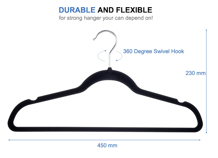 LINDON Customized Cheap Plastic Non Slip Flocked Clothes Hangers Black Velvet Suit Hanger for Cloth