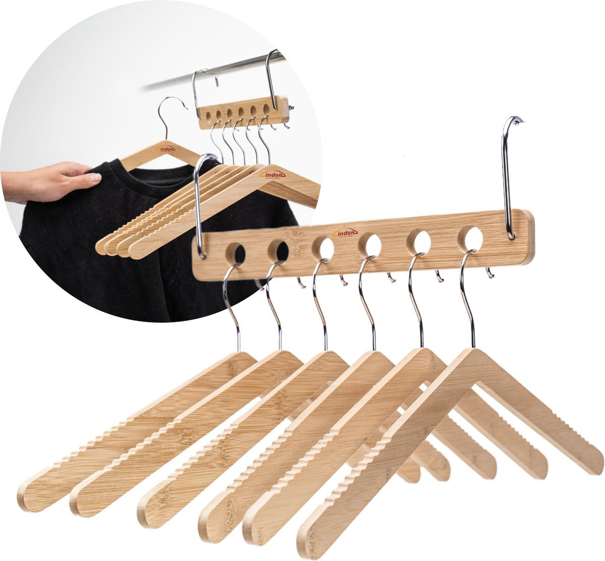 LINDON 6-In-1 Lipu Clothes Hanger Space Saving Anti-Slip Bamboo Material Closet Hanger for Wardrobe