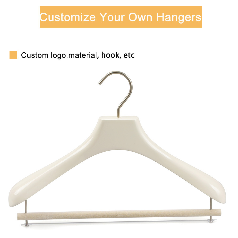 LINDON Luxury Oyster White suit Hanger High Quality Customized Logo Velvet Wooden Coat Hangers with Non Slip Pants Bar