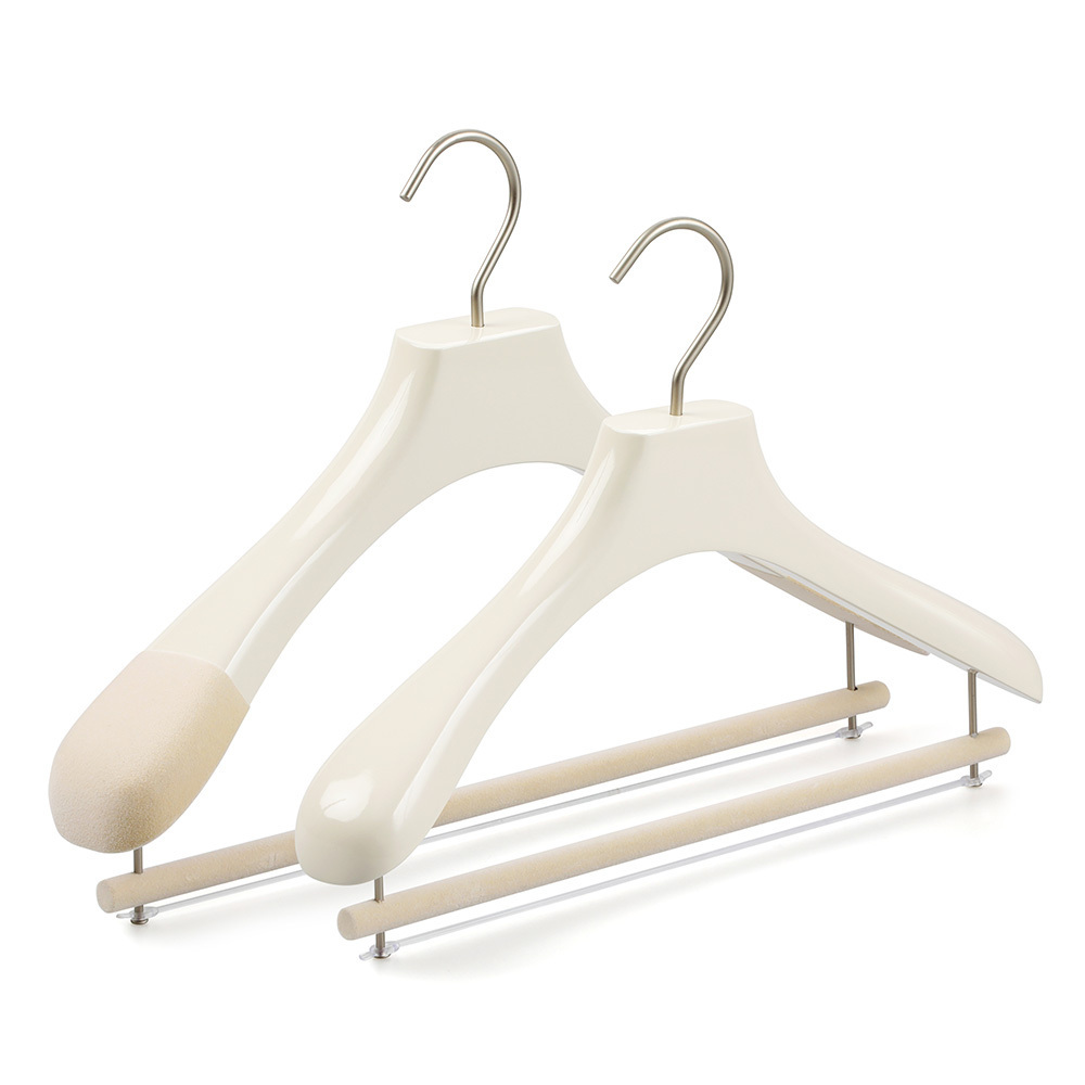 LINDON Luxury Oyster White suit Hanger High Quality Customized Logo Velvet Wooden Coat Hangers with Non Slip Pants Bar