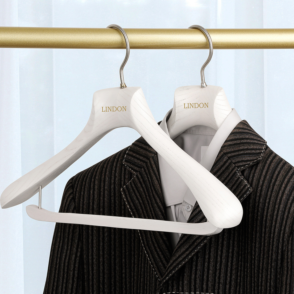 LINDON Heavy Duty Deluxe Water Washed White Custom Luxury Wooden Coat Suit Hanger for Hotel and Clothing Store