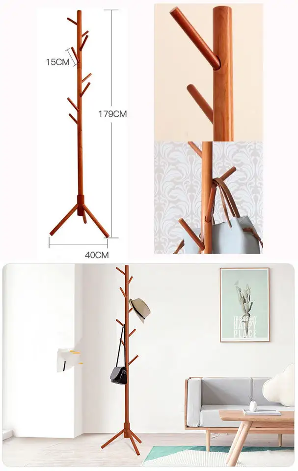 Eco friendly non-slip 176cm tree shaped floor standing traditional  wooden suit clothes hanger coat rack stand