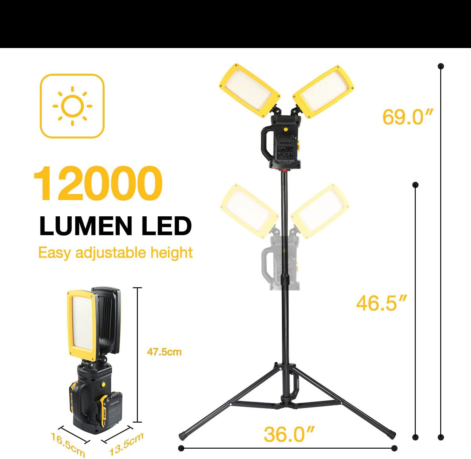 HENGLAI Cordless 12000 Lumen Flood Work Light Detachable Tripod Stand Dewalt Milwaukee Makita Battery Brightness Adjustable