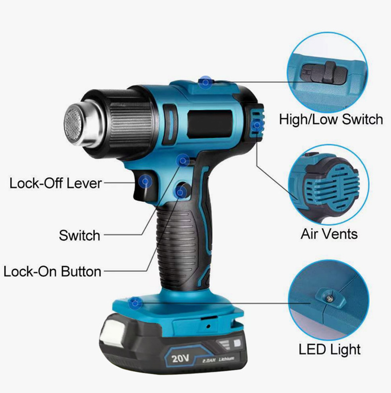 HENGLAI In Stock!!! Cordless Hot Air Gun Charging Heat Gun Hot Blower Portable Outdoor Heating Tools For Car Film Tools