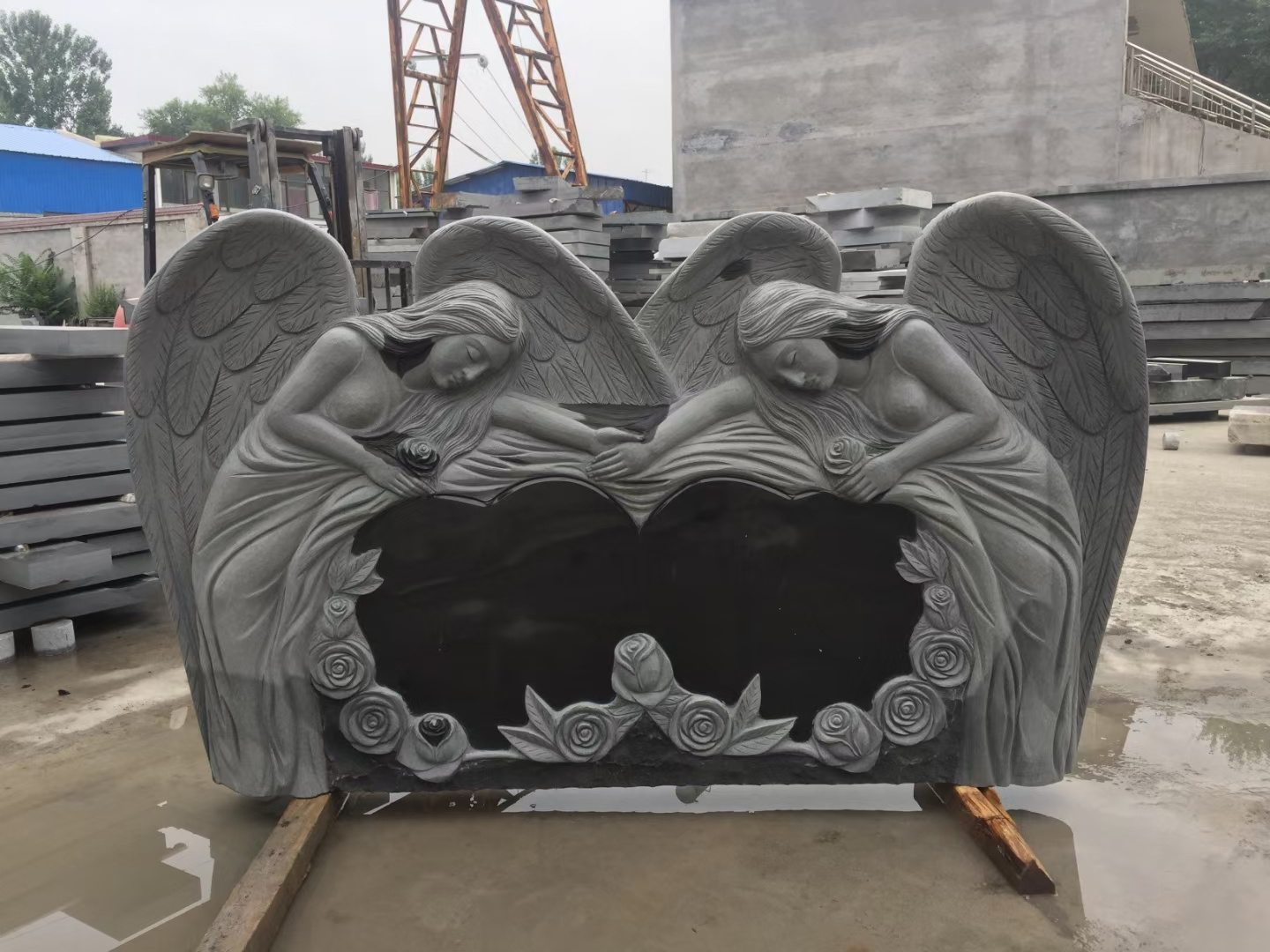 Chinese absolute black granite headstone with angel wings