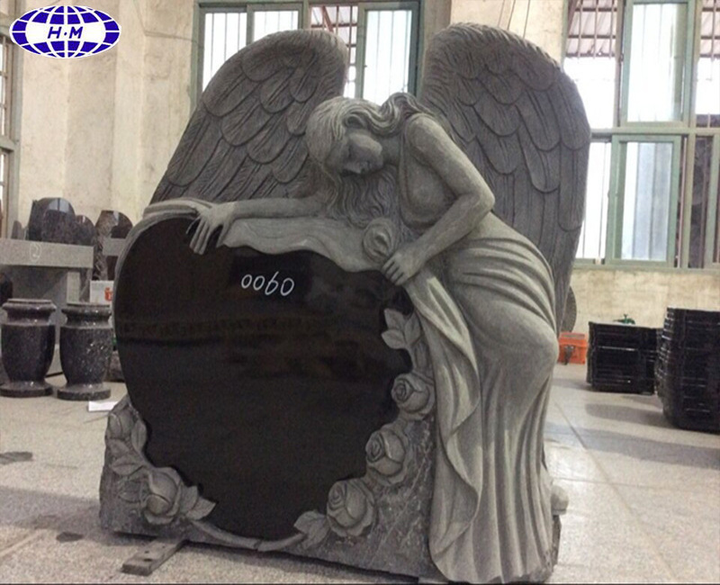 Chinese absolute black granite headstone with angel wings