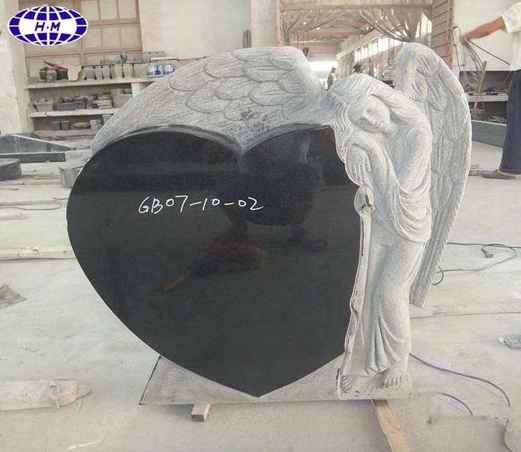 Chinese black granite standing angel headstone with red heart