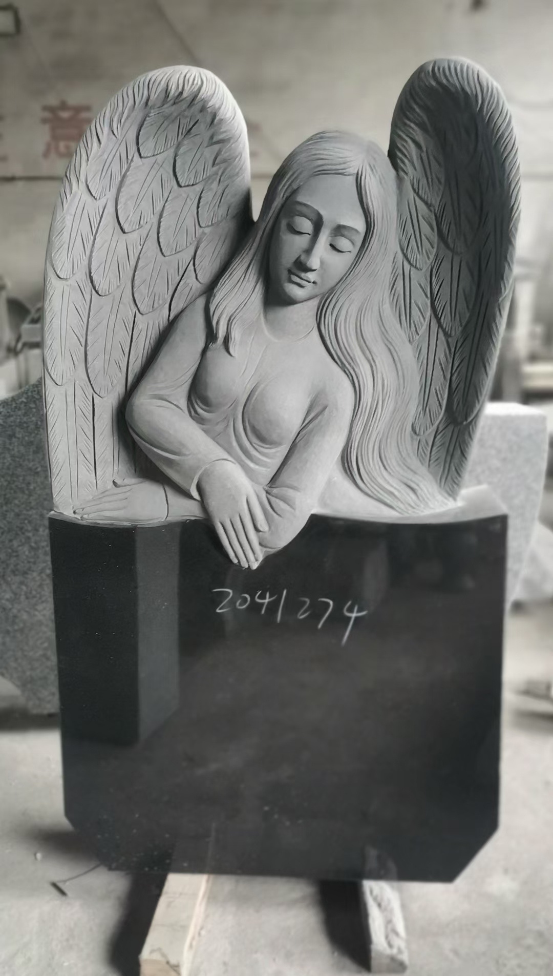 Chinese absolute black granite headstone with angel wings