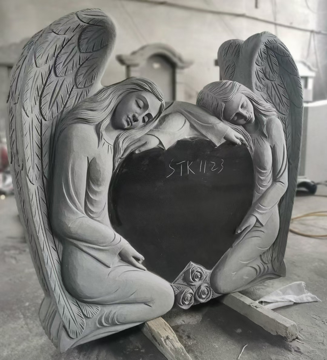 Chinese absolute black granite headstone with angel wings