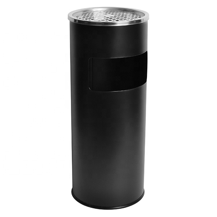 Round Smoking Trash Bin Outdoor Trash Can With Ashtray Hotel Lobby Black Floor-standing Stainless Steel Ash Bin