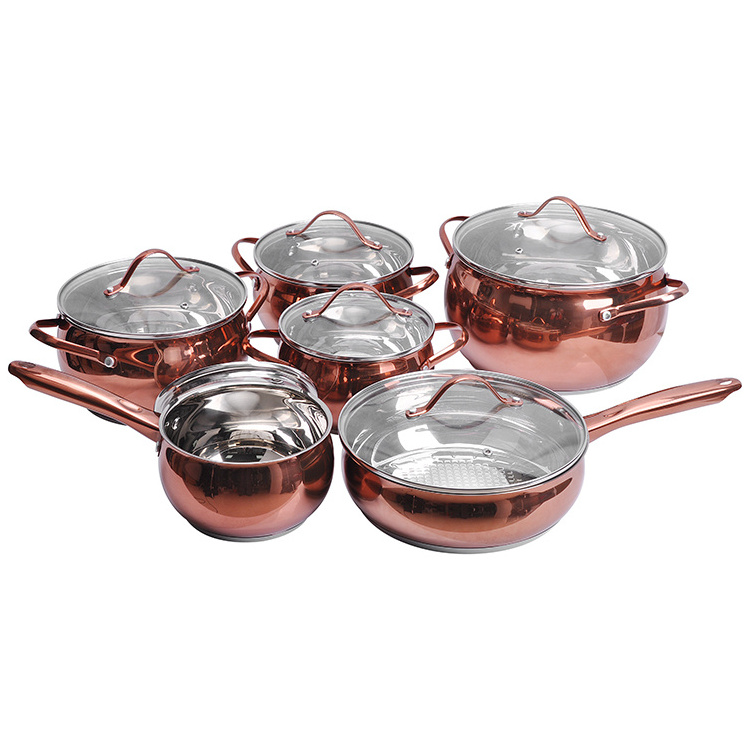 12-Piece Multifunctional Stainless Steel Cookware Set Kitchen Casserole with Polished Outer Coating Glass Cooking Pot Set