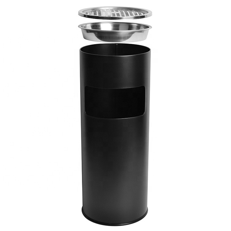 Round Smoking Trash Bin Outdoor Trash Can With Ashtray Hotel Lobby Black Floor-standing Stainless Steel Ash Bin