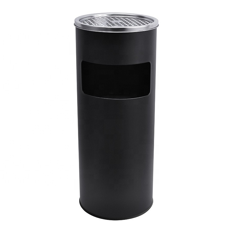 Round Smoking Trash Bin Outdoor Trash Can With Ashtray Hotel Lobby Black Floor-standing Stainless Steel Ash Bin